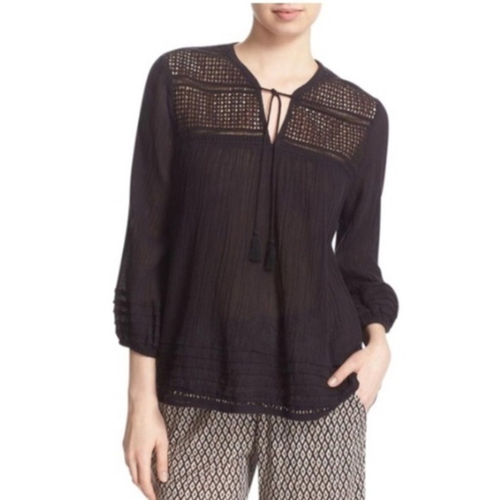 Joie Navy Cotton Crochet Long-Sleeve Peasant Blouse | M